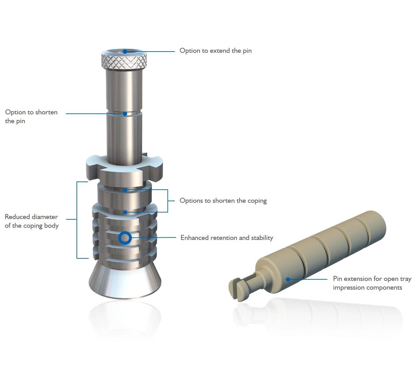 Structure of screw-retained open-tray impression coping showing base, cylinder, and screw channel